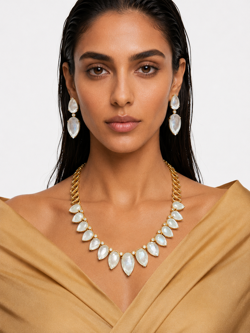 Nayra Gold-Tone Diamond-Like Zircon with Ivory Leaf Petal Statement Necklace Set – Necklace & Earrings