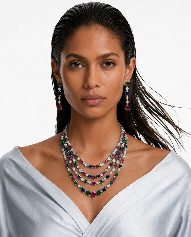 Sahar Diamond-Like Zircon with Multicolor Gemstone Drops Statement Necklace Set – Necklace & Earrings