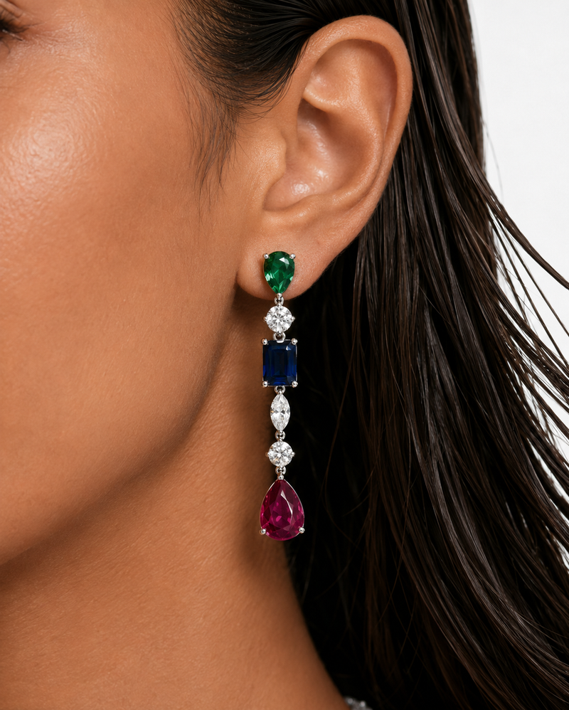 Sahar Diamond-Like Zircon with Multicolor Gemstone Drops Statement Necklace Set – Necklace & Earrings