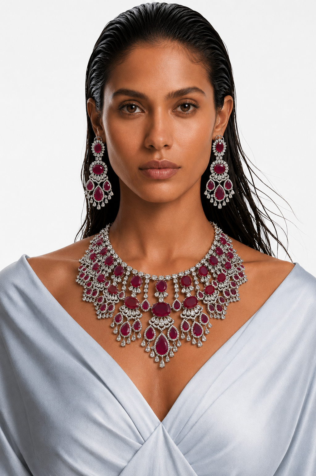 Mahnoor Ruby & Diamond-Like Zircon Diamond Detailing Statement Necklace Set – Necklace & Earrings