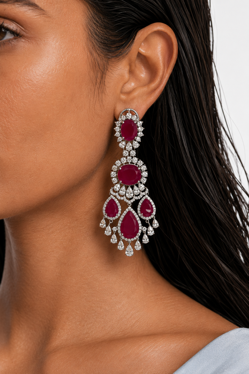 Mahnoor Ruby & Diamond-Like Zircon Diamond Detailing Statement Necklace Set – Necklace & Earrings