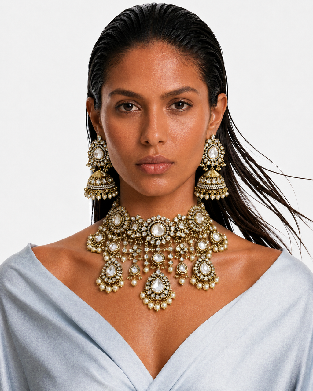 Mehr Pearls & Moissanite Polki Kundan with Zircon Diamond Detailing Statement Necklace Set – Necklace & Earrings