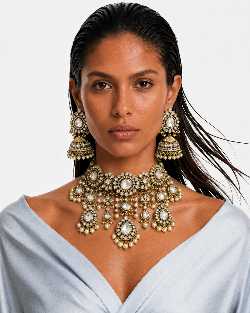 Mehr Pearls & Moissanite Polki Kundan with Zircon Diamond Detailing Statement Necklace Set – Necklace & Earrings