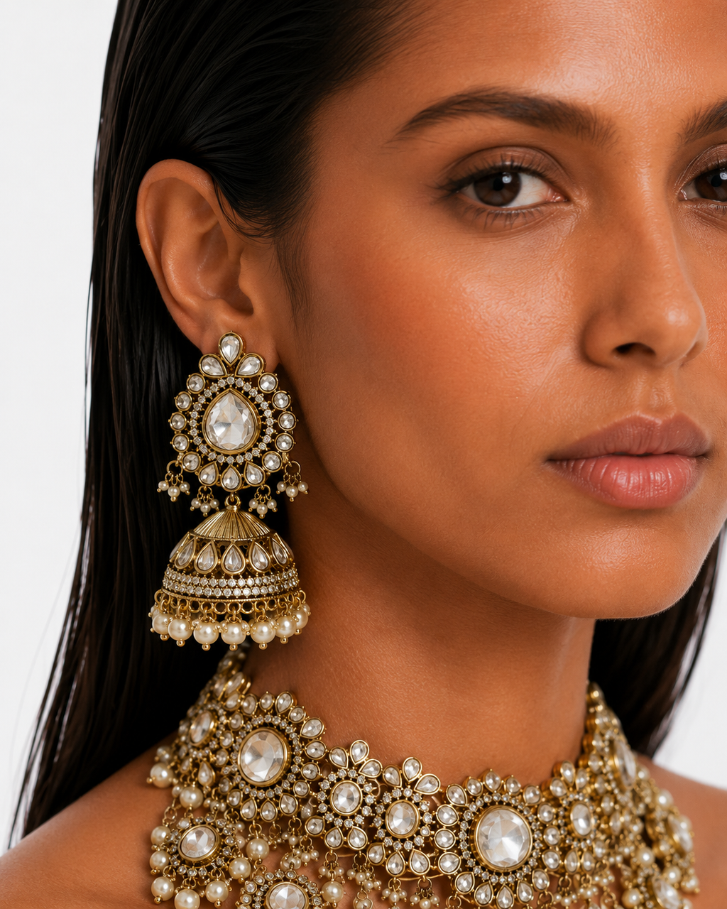 Mehr Pearls & Moissanite Polki Kundan with Zircon Diamond Detailing Statement Necklace Set – Necklace & Earrings