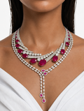 Maharani Roselle Drop Necklace Ruby and Diamond-Like Zircon Statement Necklace Set & Solara Ruby Diamond-Like Zircon Necklace Set (2 Necklace & 2 Earrings)