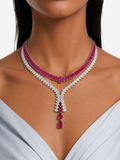 Maharani Azure Ruby Droplets Diamond-Like Zircon Statement Pendant Necklace Set & Zayna Baguette Ruby & Zircon Diamond Single Line Tennis Necklace Set (2 Necklace & 2 Earrings)