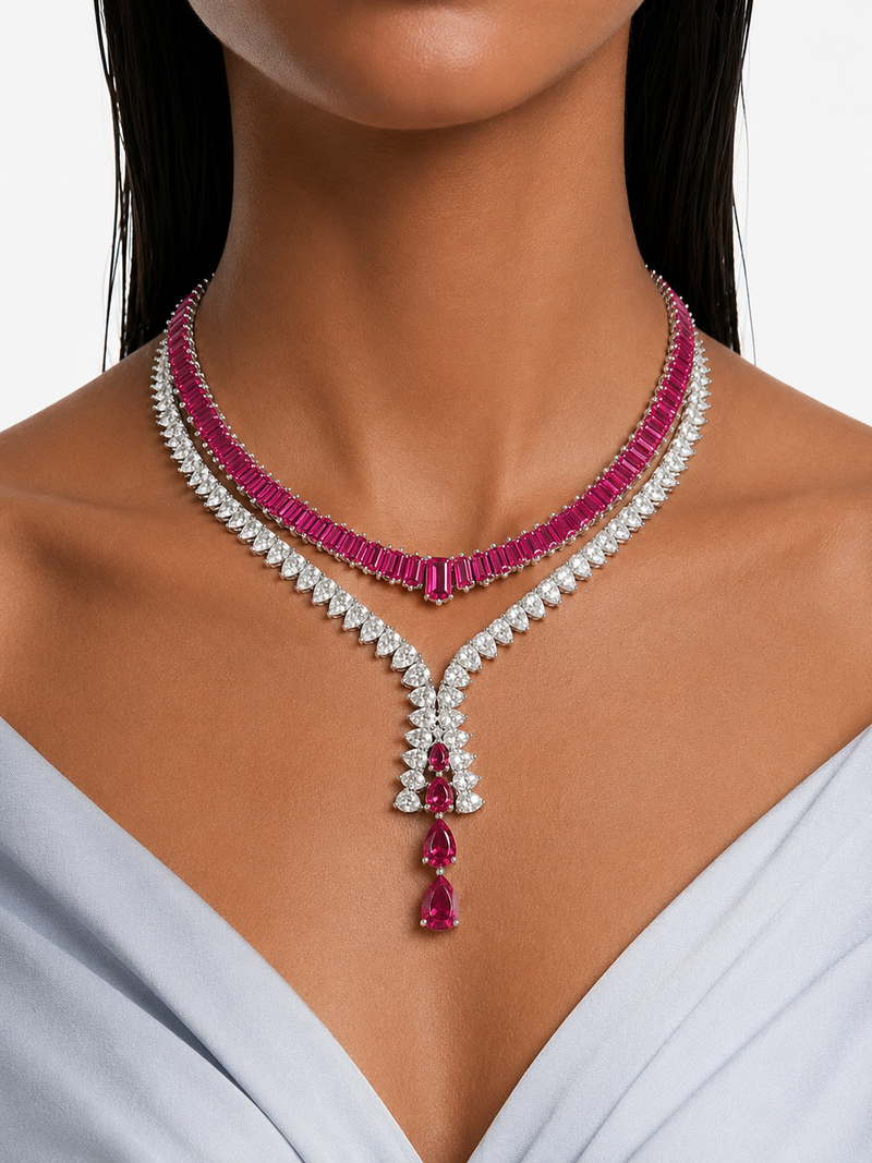 Maharani Azure Ruby Droplets Diamond-Like Zircon Statement Pendant Necklace Set & Zayna Baguette Ruby & Zircon Diamond Single Line Tennis Necklace Set (2 Necklace & 2 Earrings)