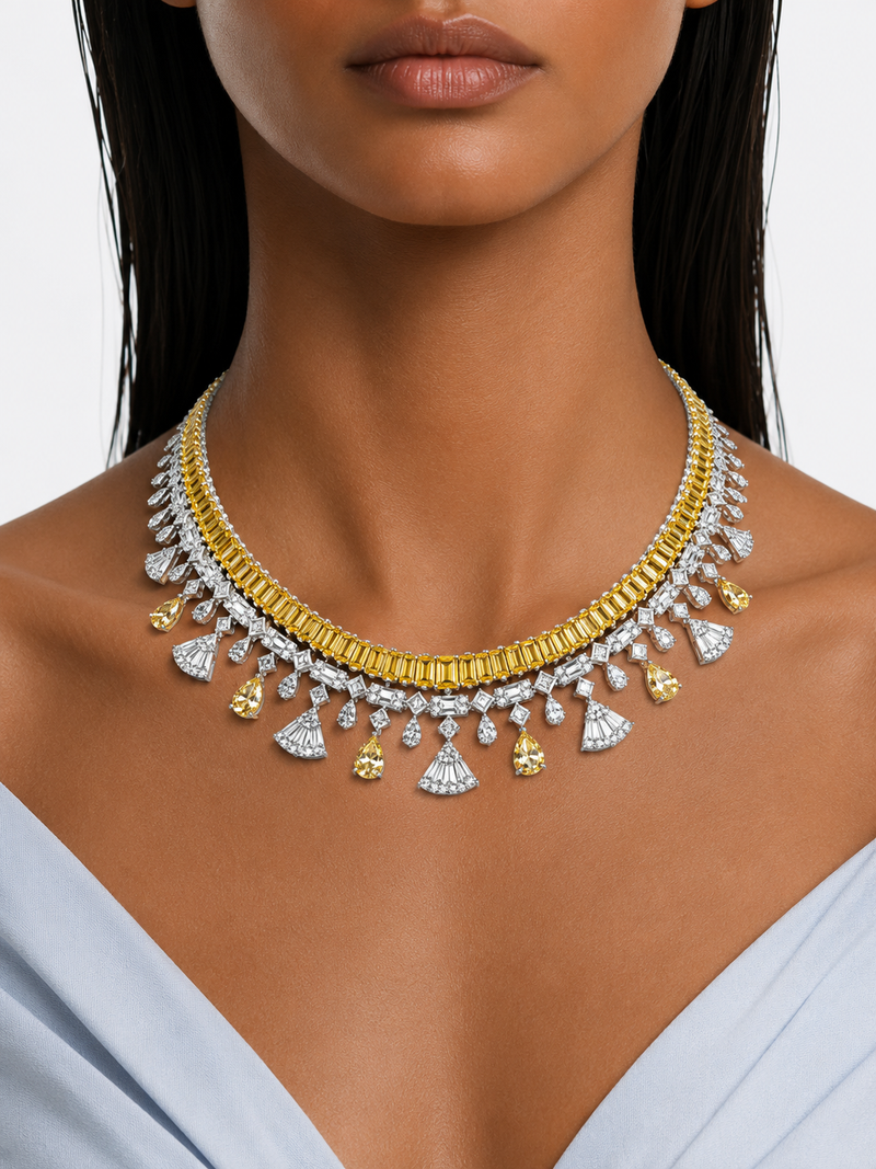 Maharani Vivienne Fan Citrine Drop & Diamond-Like Zircon Statement Necklace Set & Zayna Baguette Citrine & Zircon Diamond Single Line Tennis Necklace Set (2 Necklace & 2 Earrings)