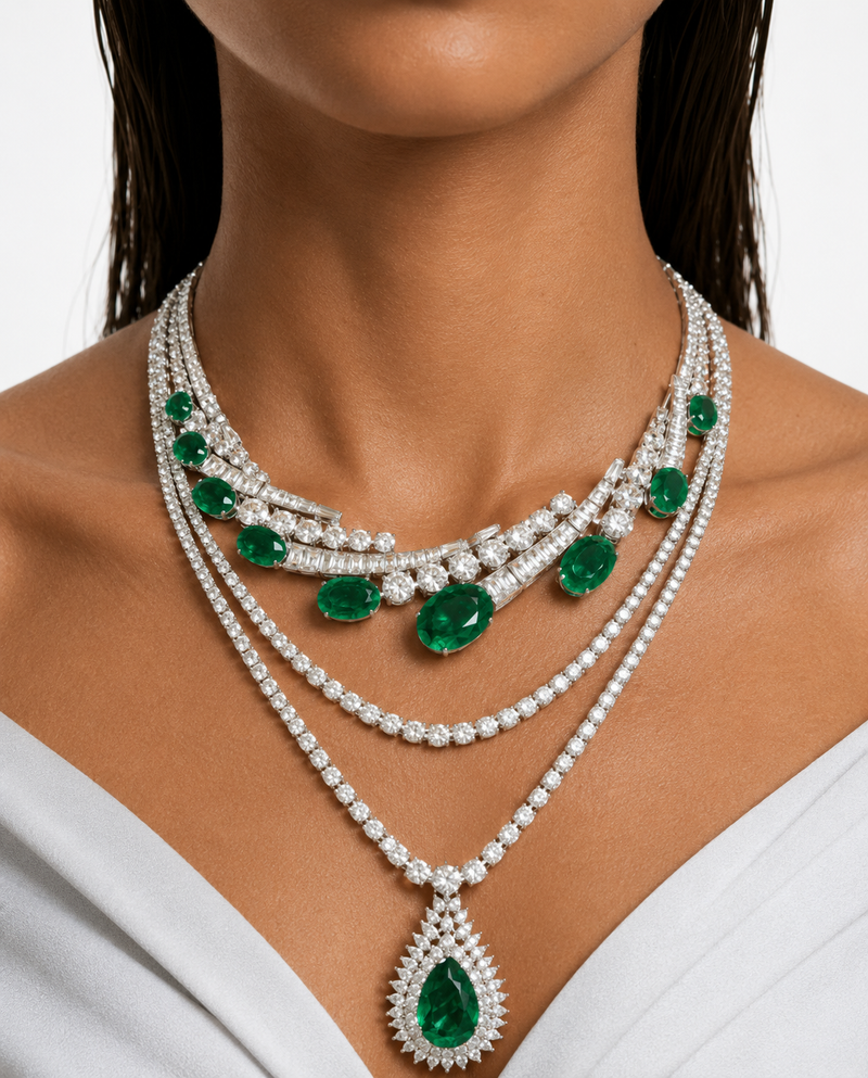 Maharani Veloura Emerald Diamond Like Zircon Double-Layer Necklace Set & Solara Emerald Diamond-Like Zircon Necklace Set (2 Necklace & 2 Earrings)