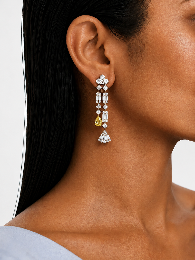 Maharani Azure Citrine Droplets Diamond-Like Zircon Statement Pendant Necklace Set & Vivienne Fan Citrine Drop & Diamond-Like Zircon Statement Necklace Set (2 Necklace & 2 Earrings)
