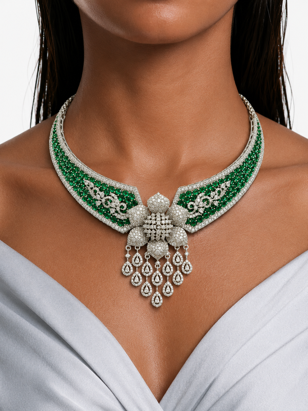 Lavina Emerald Diamond-Like Zircon with Floral Statement Necklace Set – Necklace & Earrings