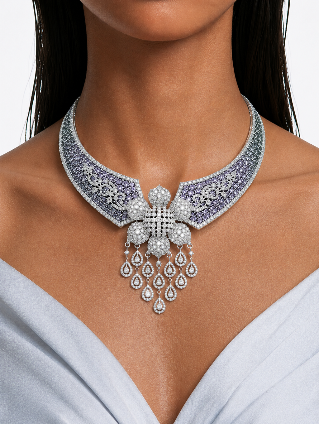 Lavina Lavender Diamond-Like Zircon with Floral Statement Necklace Set – Necklace & Earrings