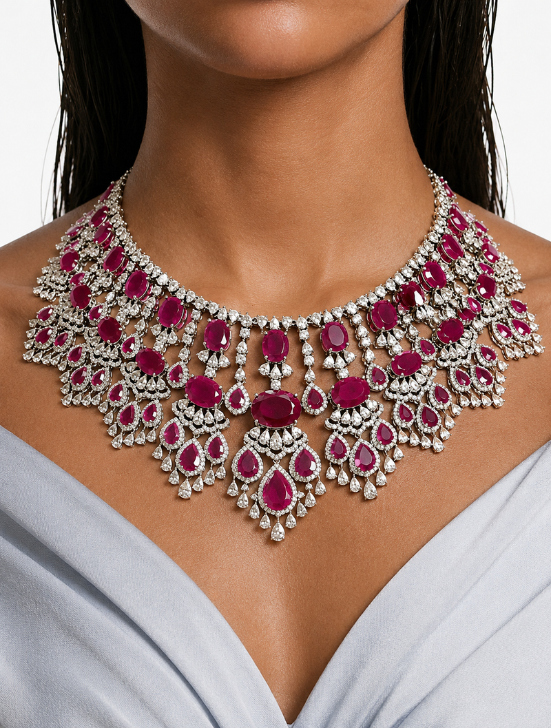 Mahnoor Ruby & Diamond-Like Zircon Diamond Detailing Statement Necklace Set – Necklace & Earrings