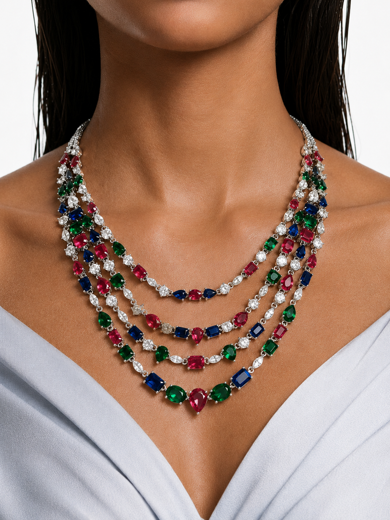 Sahar Diamond-Like Zircon with Multicolor Gemstone Drops Statement Necklace Set – Necklace & Earrings