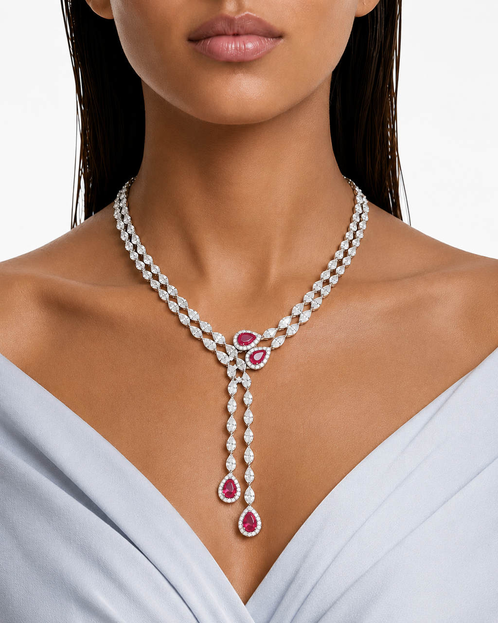 Maharani Roselle Drop Necklace Ruby and Diamond-Like Zircon Statement Necklace Set & Solara Ruby Diamond-Like Zircon Necklace Set (2 Necklace & 2 Earrings)