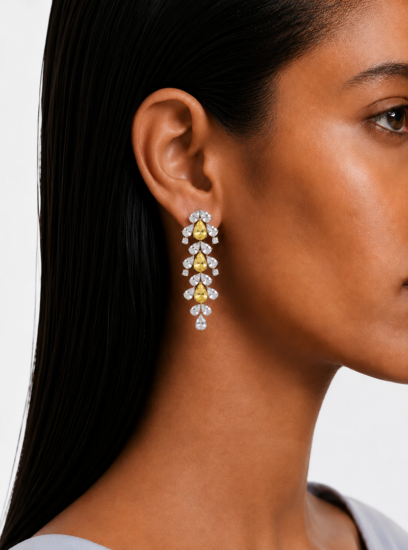 Maharani Hijl Citrine & Diamond Like Drops Necklace Set & Eden Floral Citrine & Diamond-Like Zircon Statement Necklace Set (2 Necklace & 2 Earrings)