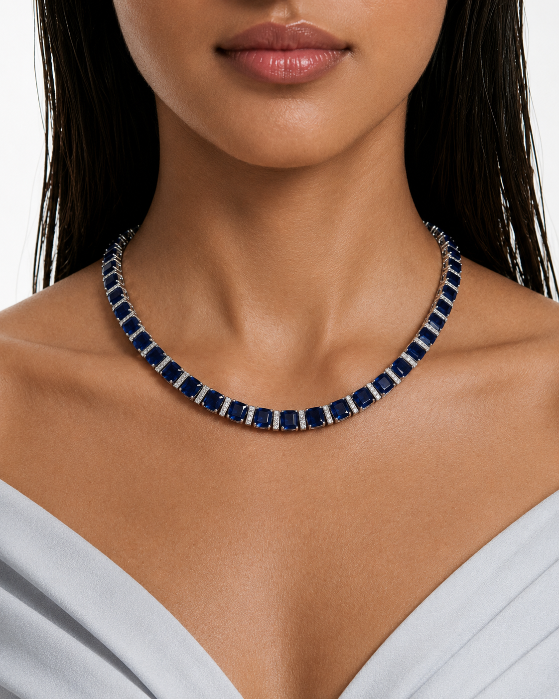 Maharani Fiorella Sapphire Diamond-Like Zircon Statement Pendant Necklace Set & Riviera Sapphire & Zircon Diamond Single Line Tennis Necklace Set (2 Necklace & 2 Earrings)