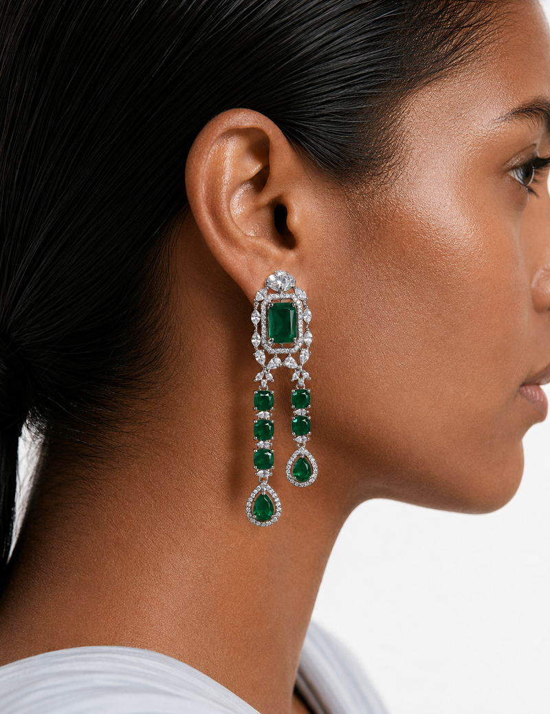 Raaima Emerald Diamond-Like Zircon Layered Statement Necklace Set – Necklace & Earrings