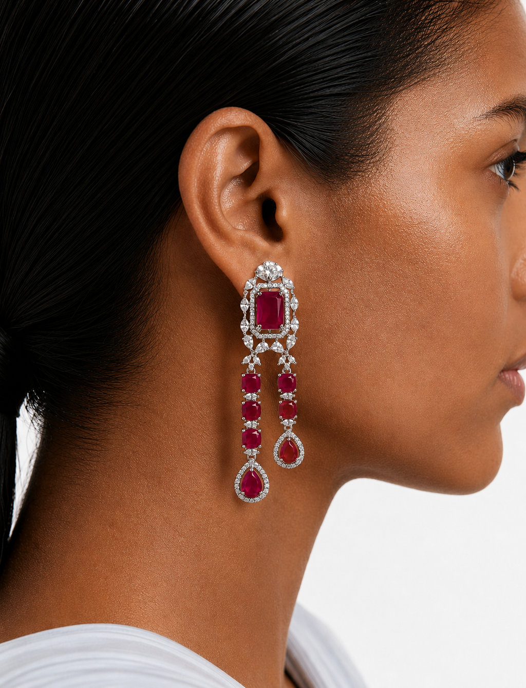 Raaima Ruby Diamond-Like Zircon Layered Statement Necklace Set – Necklace & Earrings