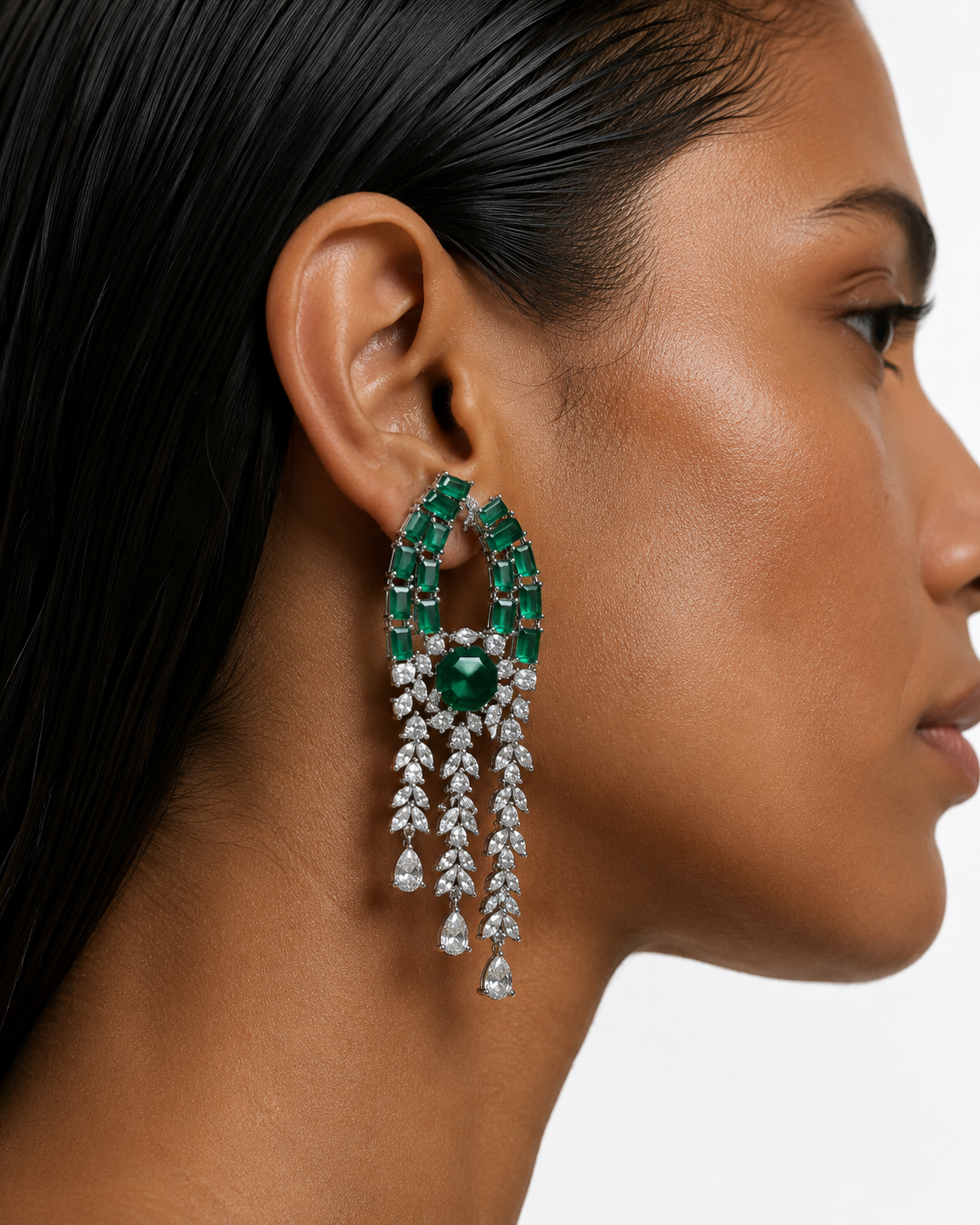 Ensemble de colliers Zarina en forme de diamant émeraude et zircon – Collier et boucles d'oreilles