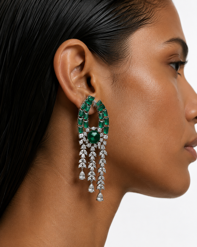 Zarina Emerald Diamond-Like Zircon Statement Necklace Set – Necklace & Earrings
