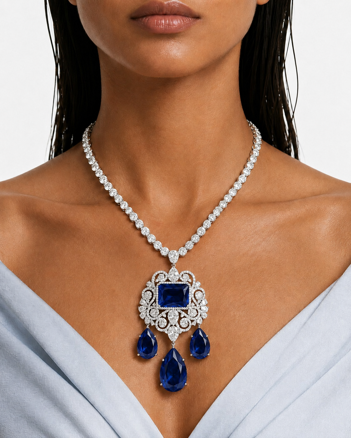 Nareesa Sapphire Diamond-Like Zircon Statement Necklace Set – Necklace & Earrings