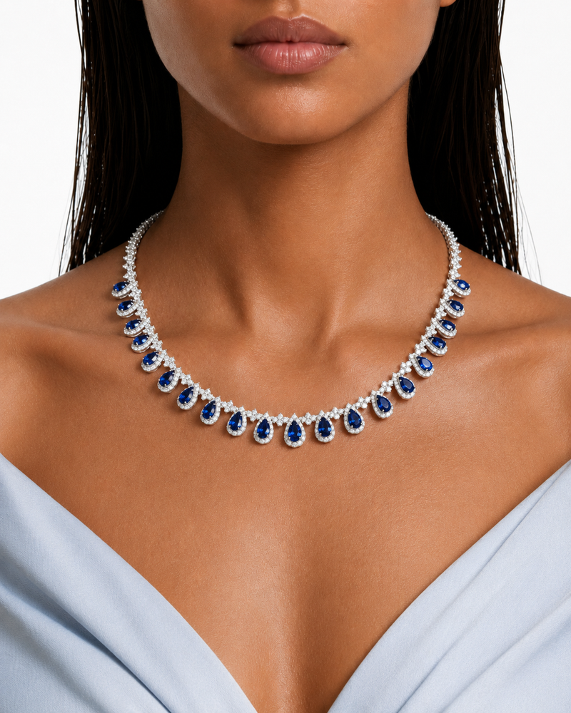 Naeva Sapphire Drops Diamond-Like Zircon Necklace Set – Necklace & Earrings