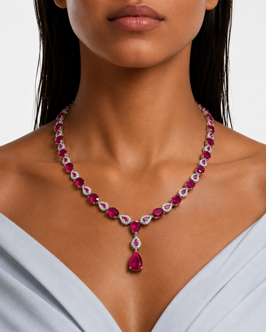 Mireya Ruby Diamond-Like Zircon Teardrop Necklace Set – Necklace & Earrings