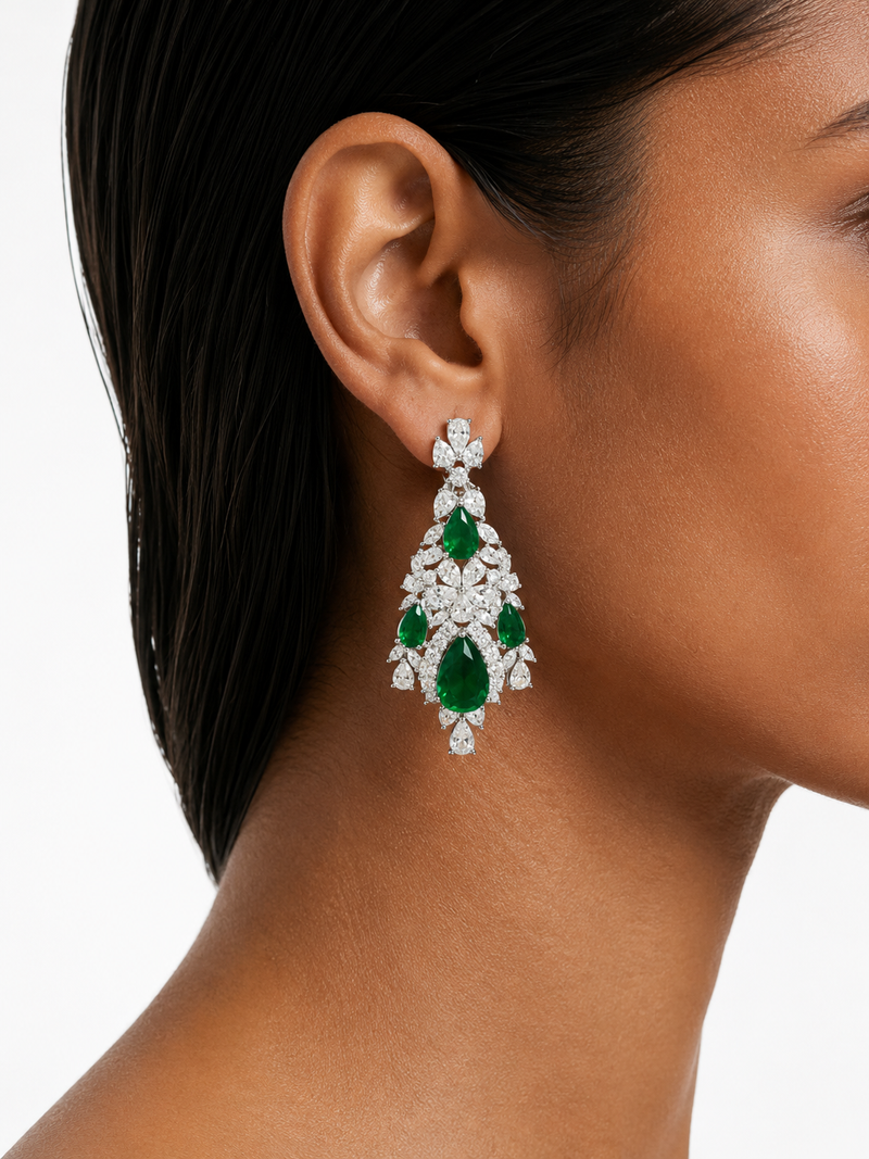 Nayessa Emerald Diamond-Like Zircon Teardrop Statement Necklace Set – Necklace & Earrings