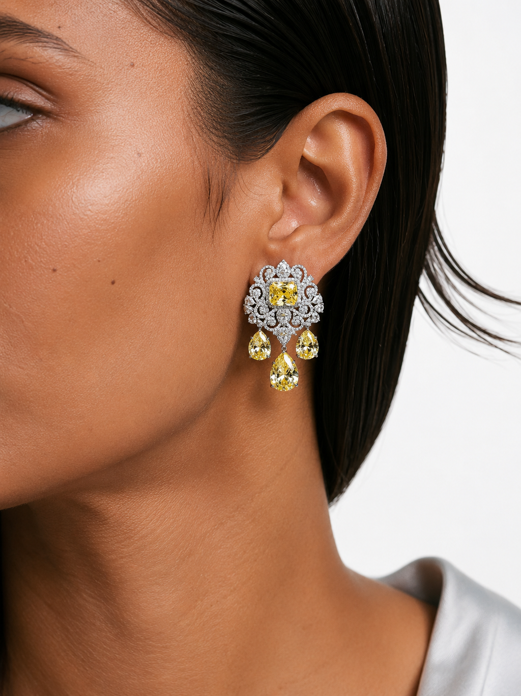 Maharani Nareesa Citrine Diamond-Like Zircon Statement Necklace Set & Amora Citrine Drops Statement & Diamond Like Zircon Necklace Set (2 Necklace & 2 Earrings)