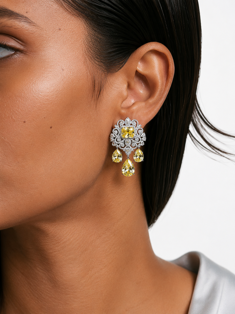 Maharani Nareesa Citrine Diamond-Like Zircon Statement Necklace Set & Amora Citrine Drops Statement & Diamond Like Zircon Necklace Set (2 Necklace & 2 Earrings)