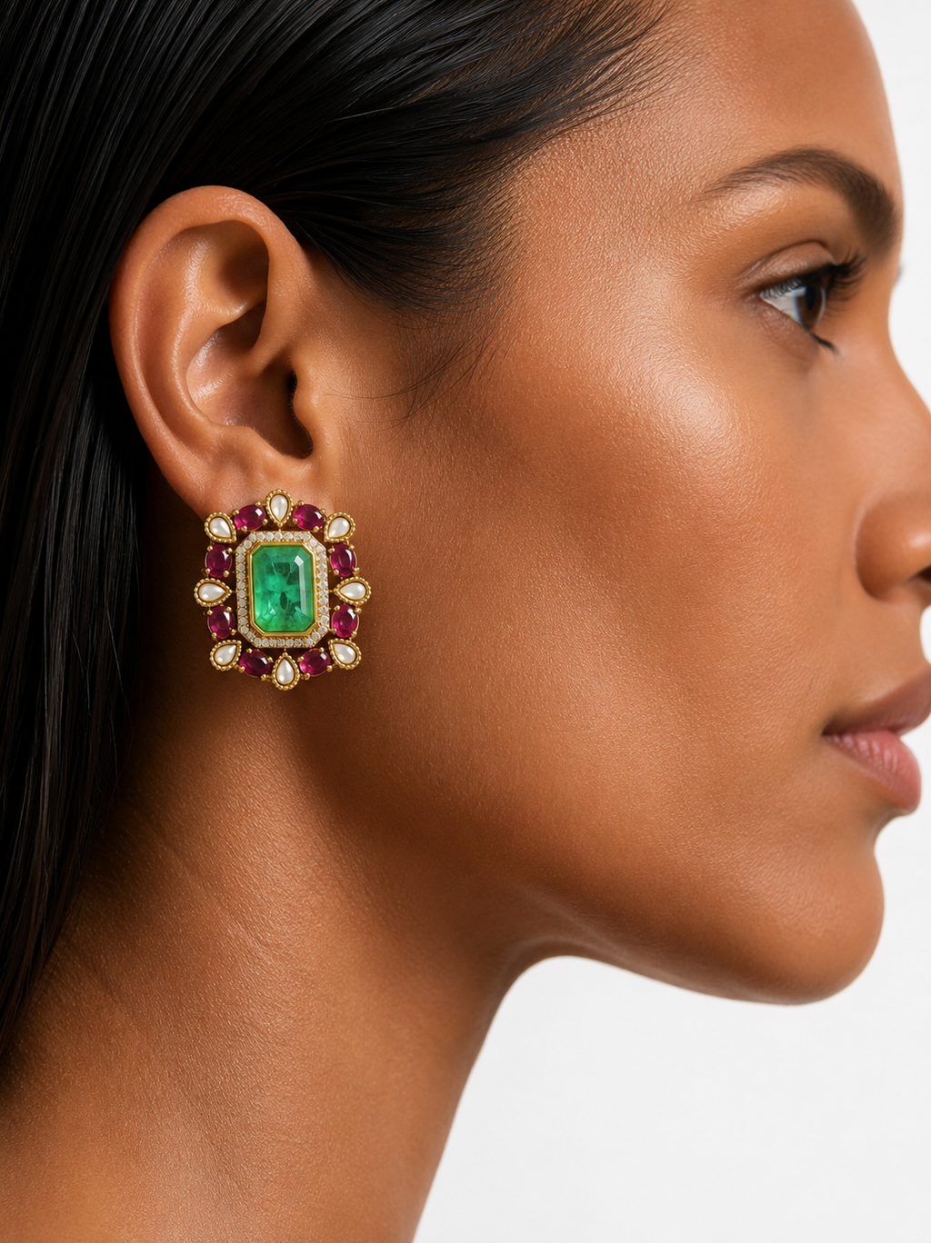 Aabroo Parels & Moissanite Polki Kundan met Mintgroene Stenen & Zirkoon Diamanten Detaillering Verklaring Kettingset – Ketting en oorbellen