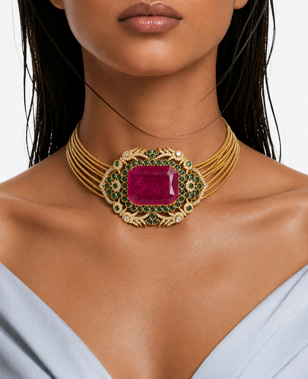 Rukhsaar Ruby with Emerald Moissanite Polki Kundan Choker Necklace Set – Necklace & Earrings
