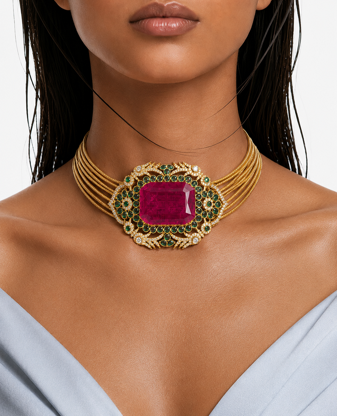 Rukhsaar Ruby with Emerald Moissanite Polki Kundan Choker Necklace Set – Necklace & Earrings
