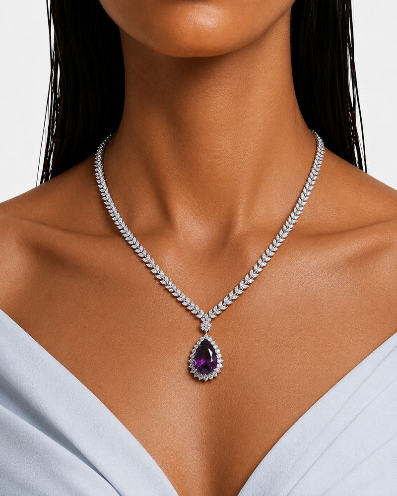 Ariya Purple Diamond-Like Zircon Pendant Necklace Set (Necklace & Earrings)