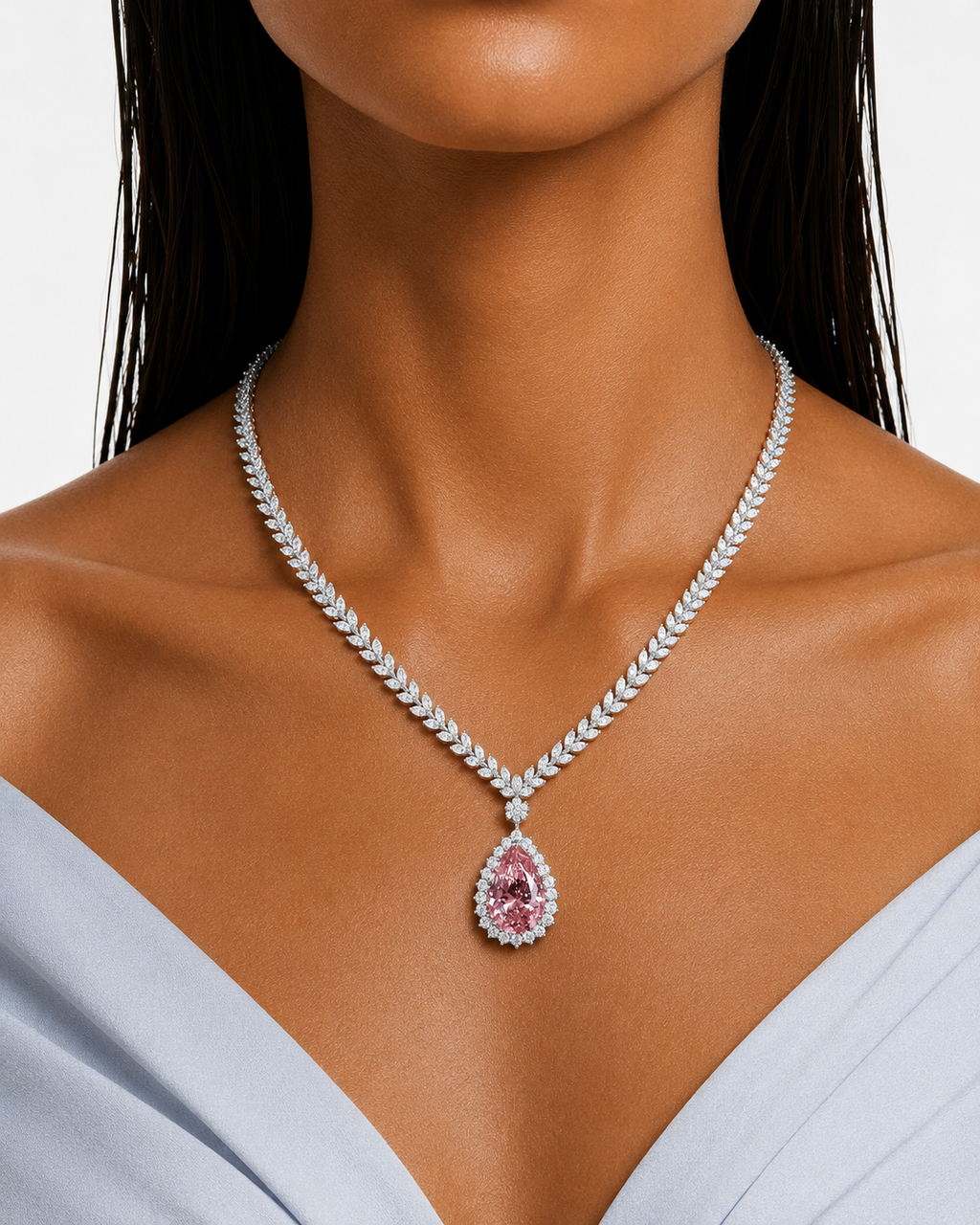 Ariya Pink Diamond-Like Zircon Pendant Necklace Set (Necklace & Earrings)