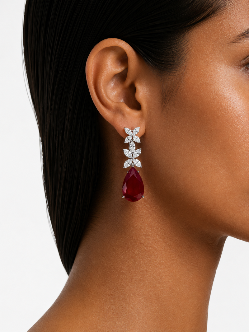 Maharani Ruveya Ruby Diamond-Like Zircon Statement Necklace Set & Niharika Diamond-Like Zircon Ovals with Ruby Square & Diamonds Statement Necklace Set (2 Necklace & 2 Earrings)