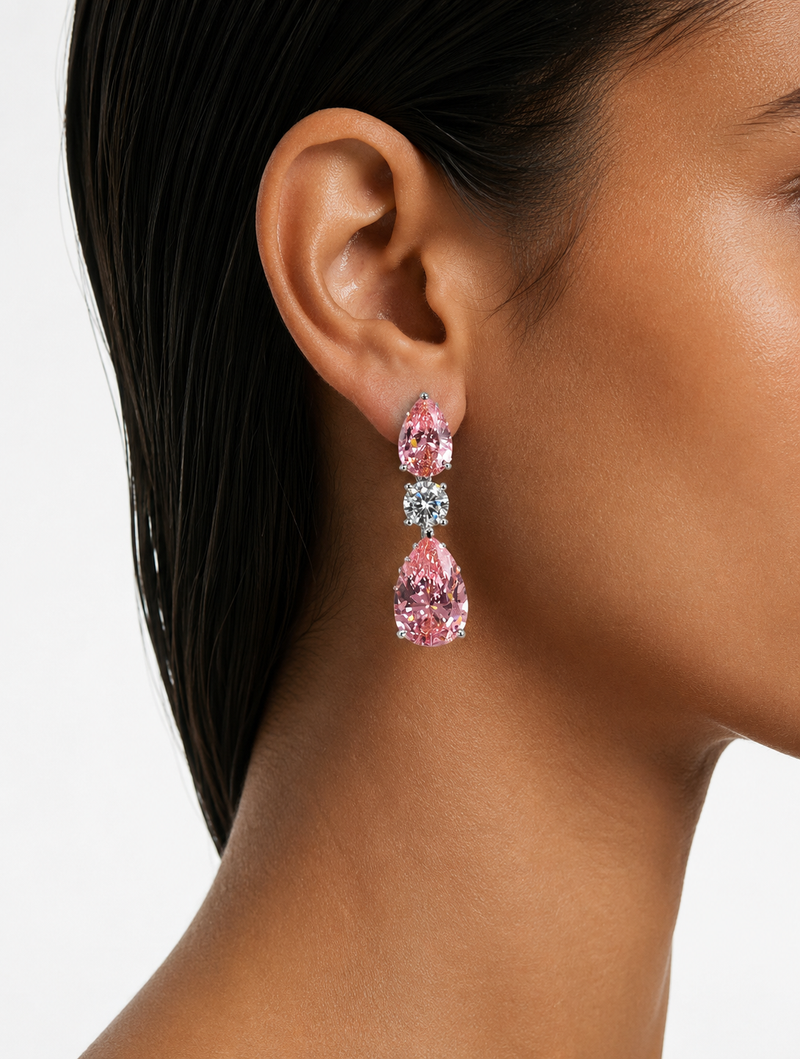Maharani Zarelle Pink Diamond-Like Zircon Statement Necklace Set & Lunette Pink Diamond-Like Zircon Detailing Multi Layered Necklace Set (2 Necklace & 2 Earrings)