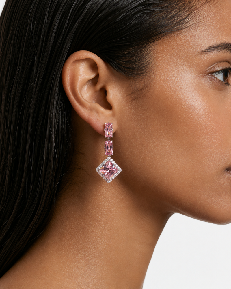 Valeza Pink Diamond-Like Zircon Link Necklace Set – Necklace & Earrings
