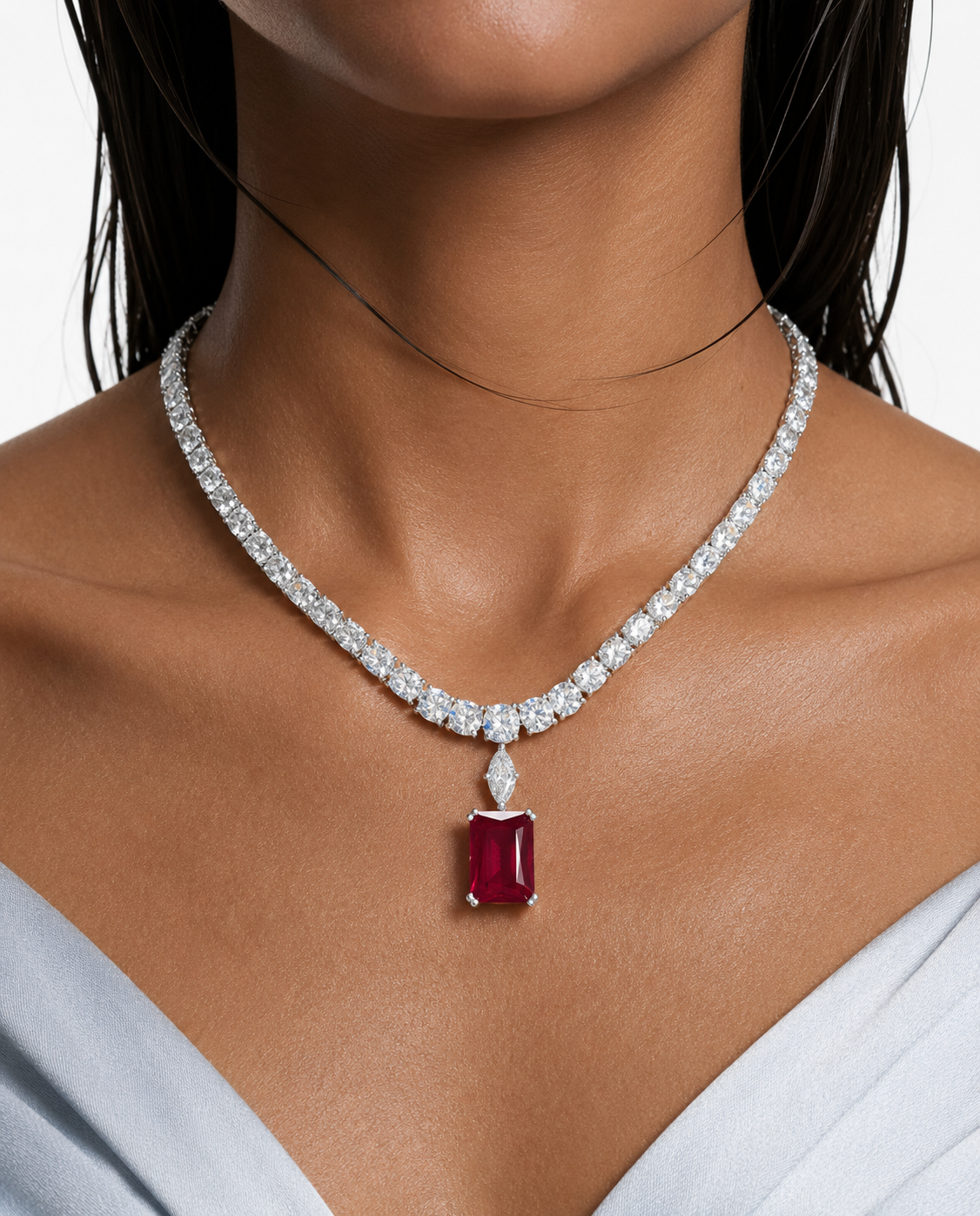 Aizara Ruby Diamond-Like Zircon Statement Necklace Set – Necklace & Earrings