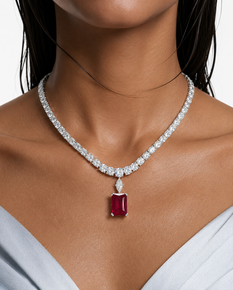 Aizara Ruby Diamond-Like Zircon Statement Necklace Set – Necklace & Earrings