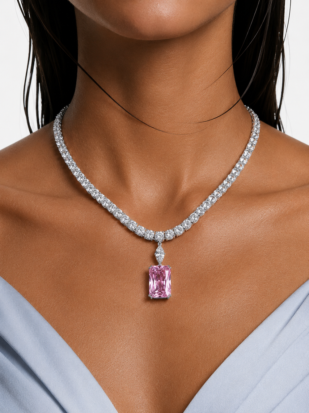 Aizara Pink Diamond-Like Zircon Statement Necklace Set – Necklace & Earrings