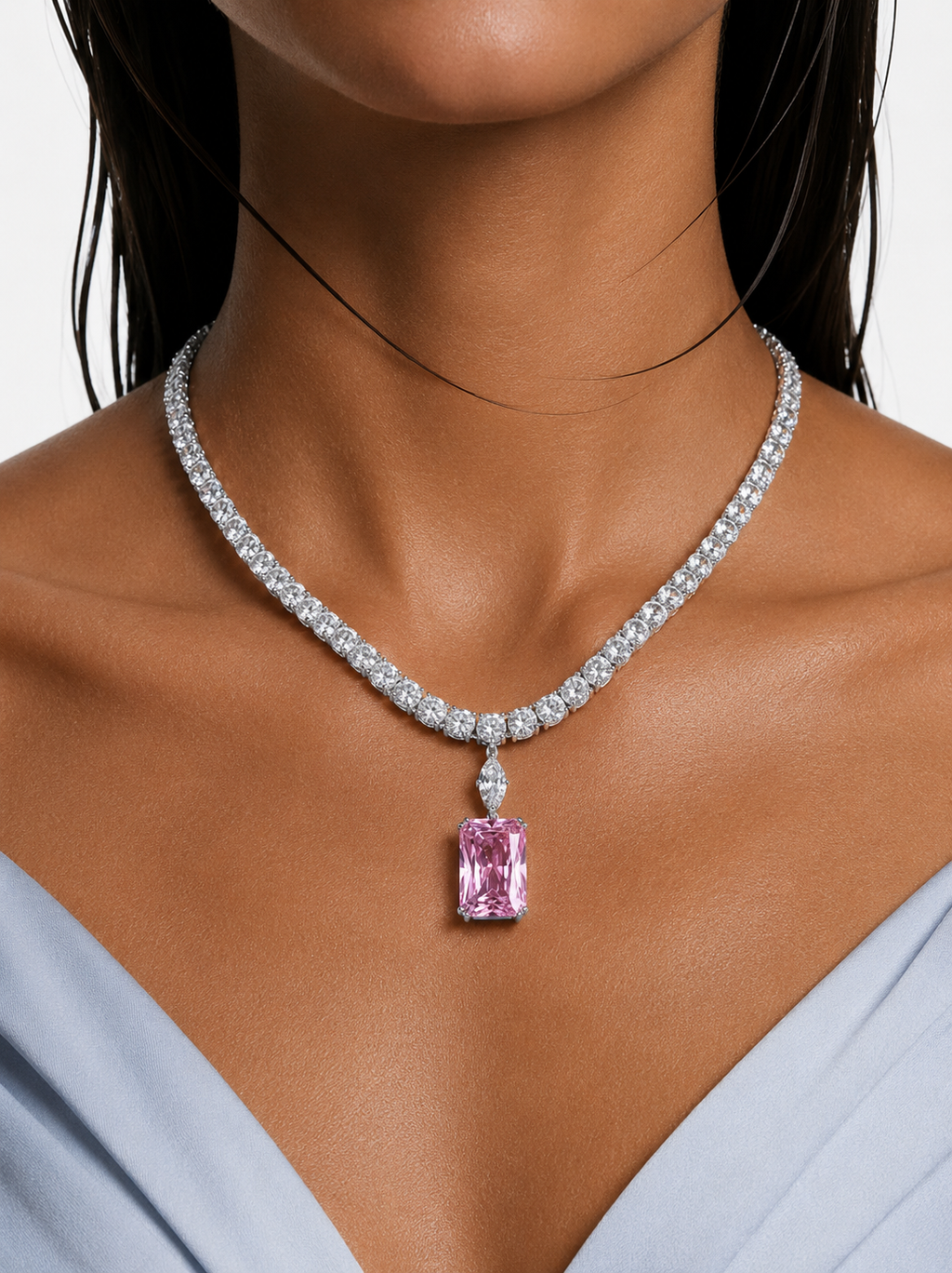 Aizara Pink Diamond-Like Zircon Statement Necklace Set – Necklace & Earrings