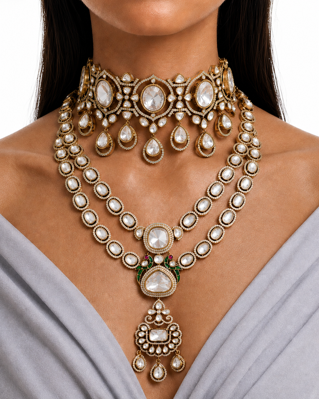 The Mahal Moissanite Choker & Sirin Two Layered Polki Kundan Luxe Necklace Set — Maharani set of two — Prerto
