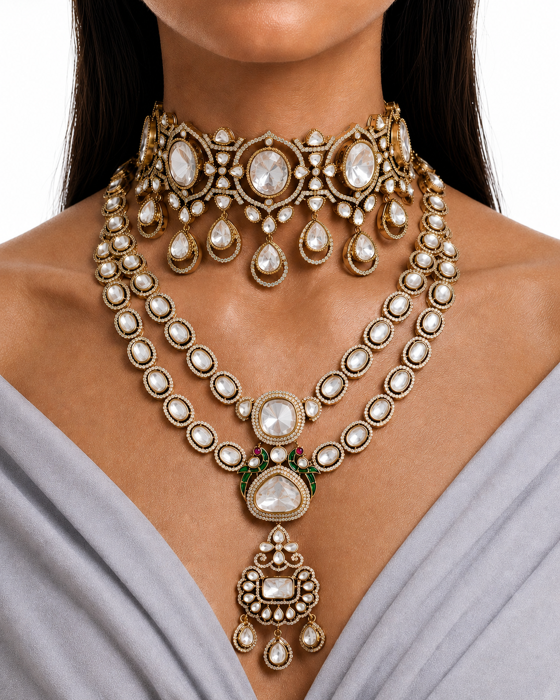 The Mahal Moissanite Choker & Sirin Two Layered Polki Kundan Luxe Necklace Set — Maharani set of two — Prerto