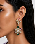 Pokab Peach Ruby Emerald Semi Precious Stone Statement Earrings by Prerto