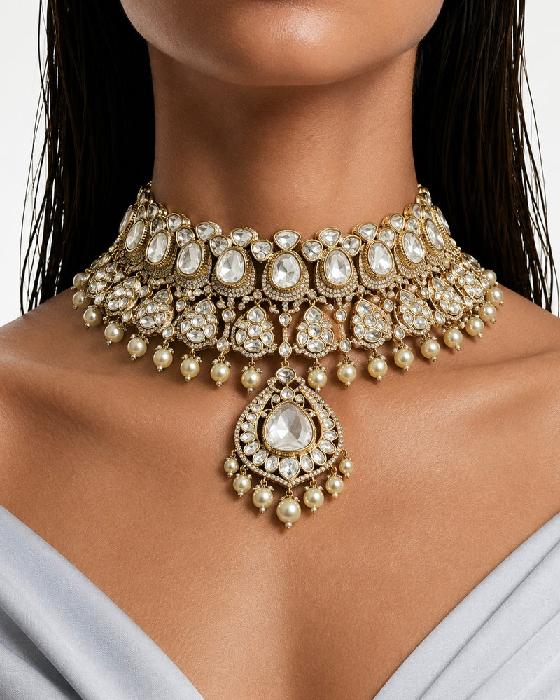Asma Pearl Moissanite Polki Kundan Statement Luxe Necklace Set by Prerto