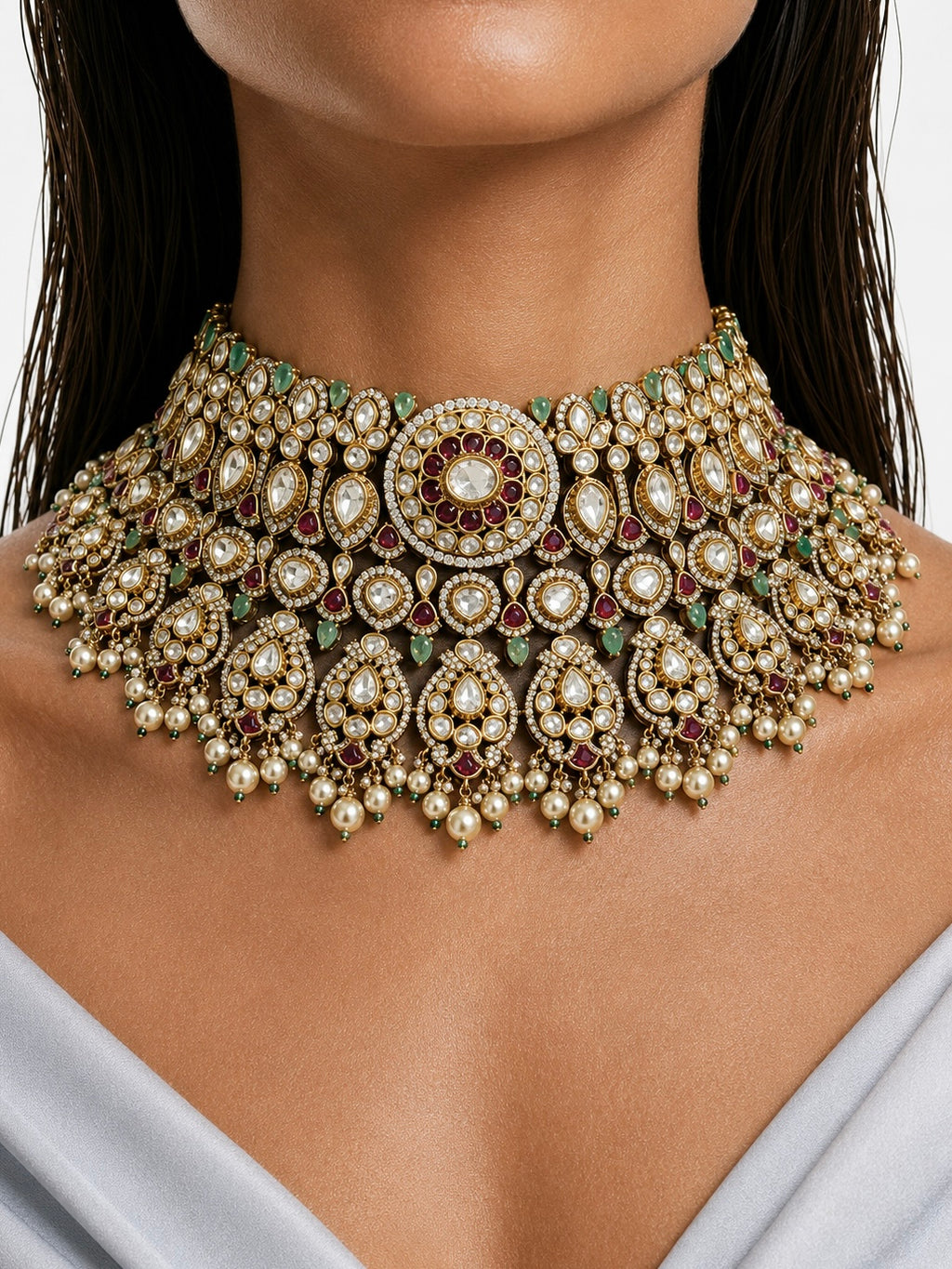 Anum Mint Ruby Pearl Moissanite Polki Kundan Necklace Set by Prerto