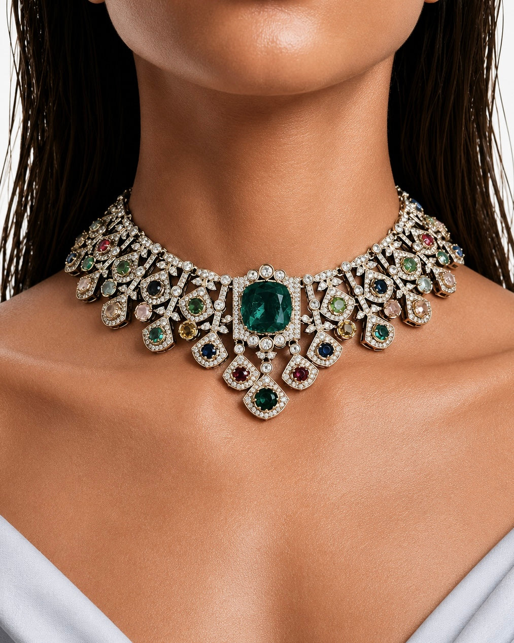 Amna Multi Colour Semi Precious Moissanite Polki Kundan Necklace Set by Prerto
