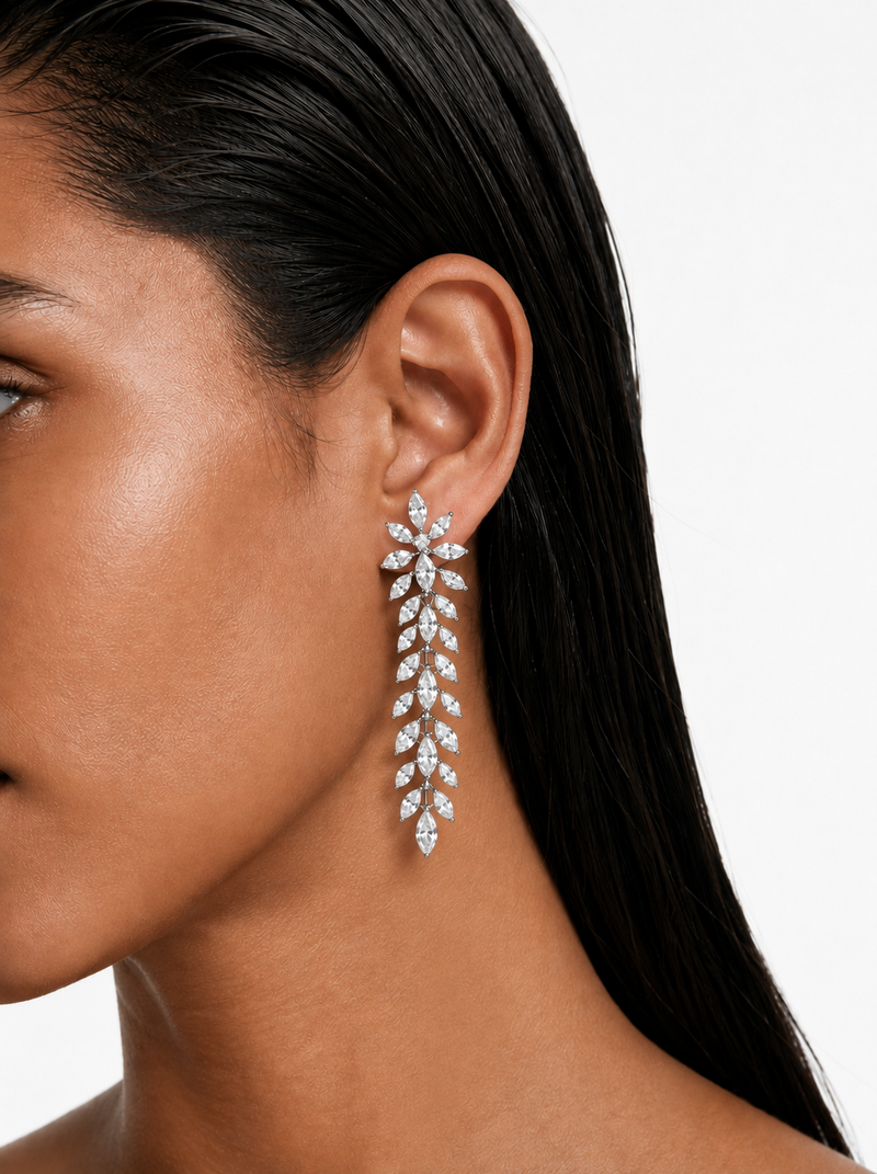 Uklo Leaflet Drops Lariat Style Diamond Zircon Statement Necklace Set (Necklace & Earrings)
